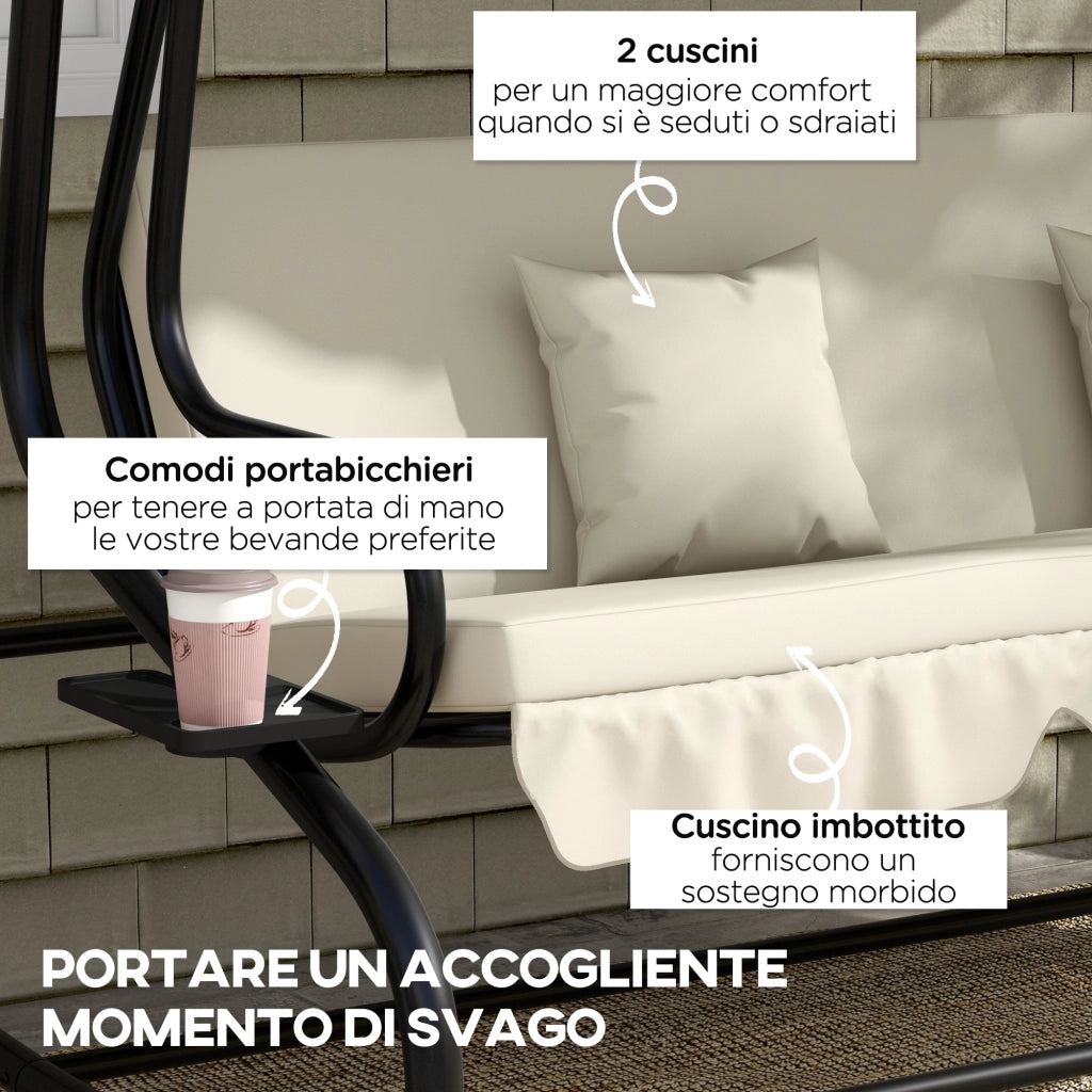 Dondolo Letto da Giardino con Tettuccio Regolabile e Vassoi, in Acciaio e Teslin, 200x120x164 cm, Crema