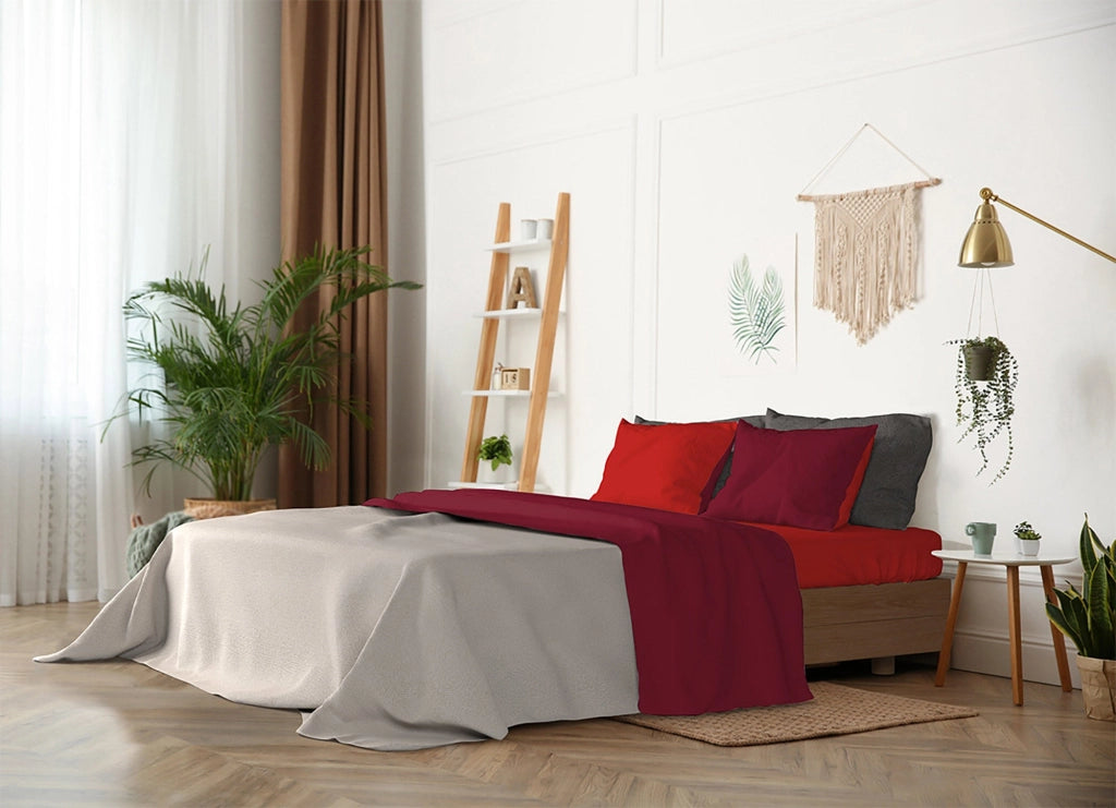 Set Lenzuola Sopra Sotto e Federe Doubleface Rosso/Bordeaux 1 Piazza e Mezzo