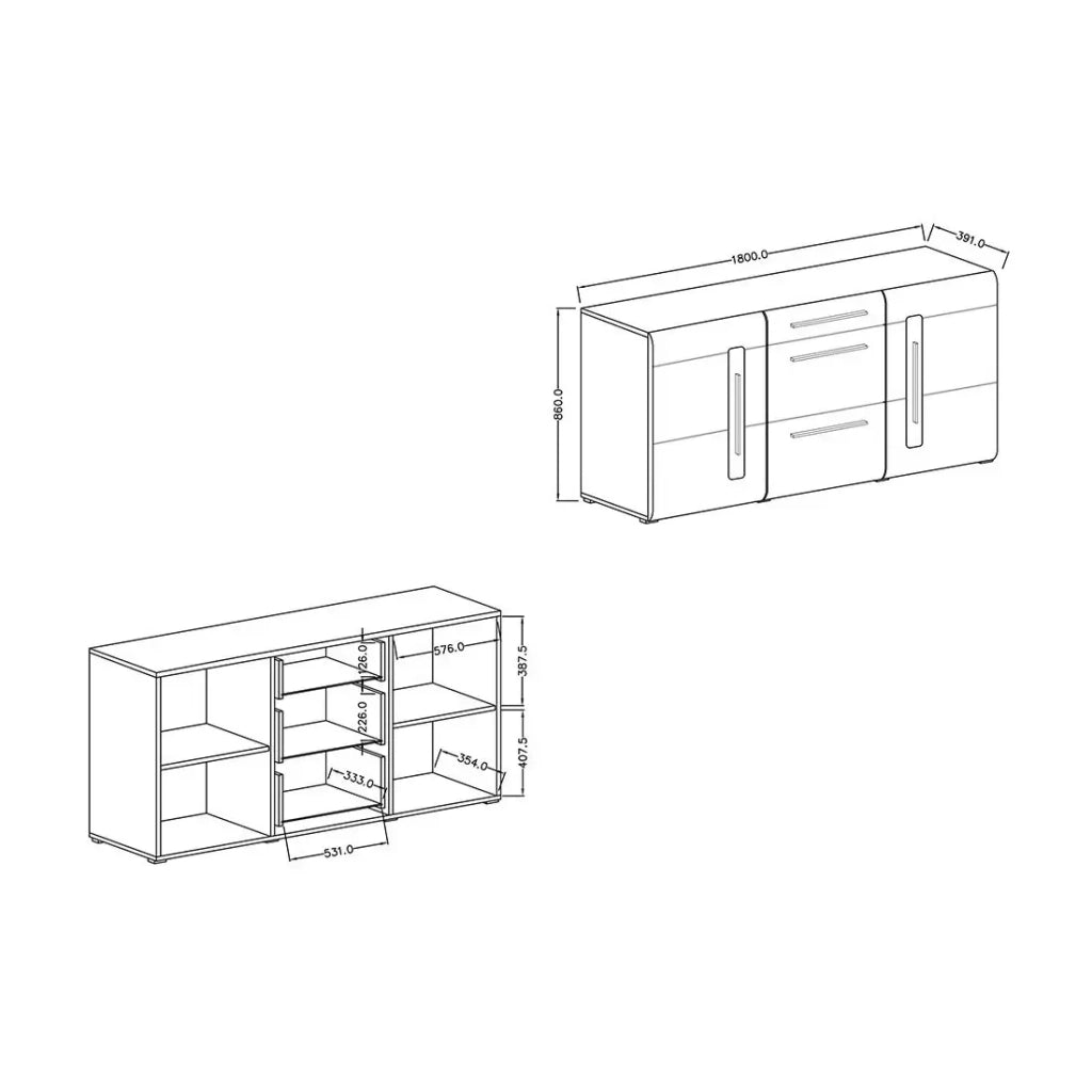 Credenza design 180 cm collezione BREDA - 2 porte e 3 cassetti, colore bianco