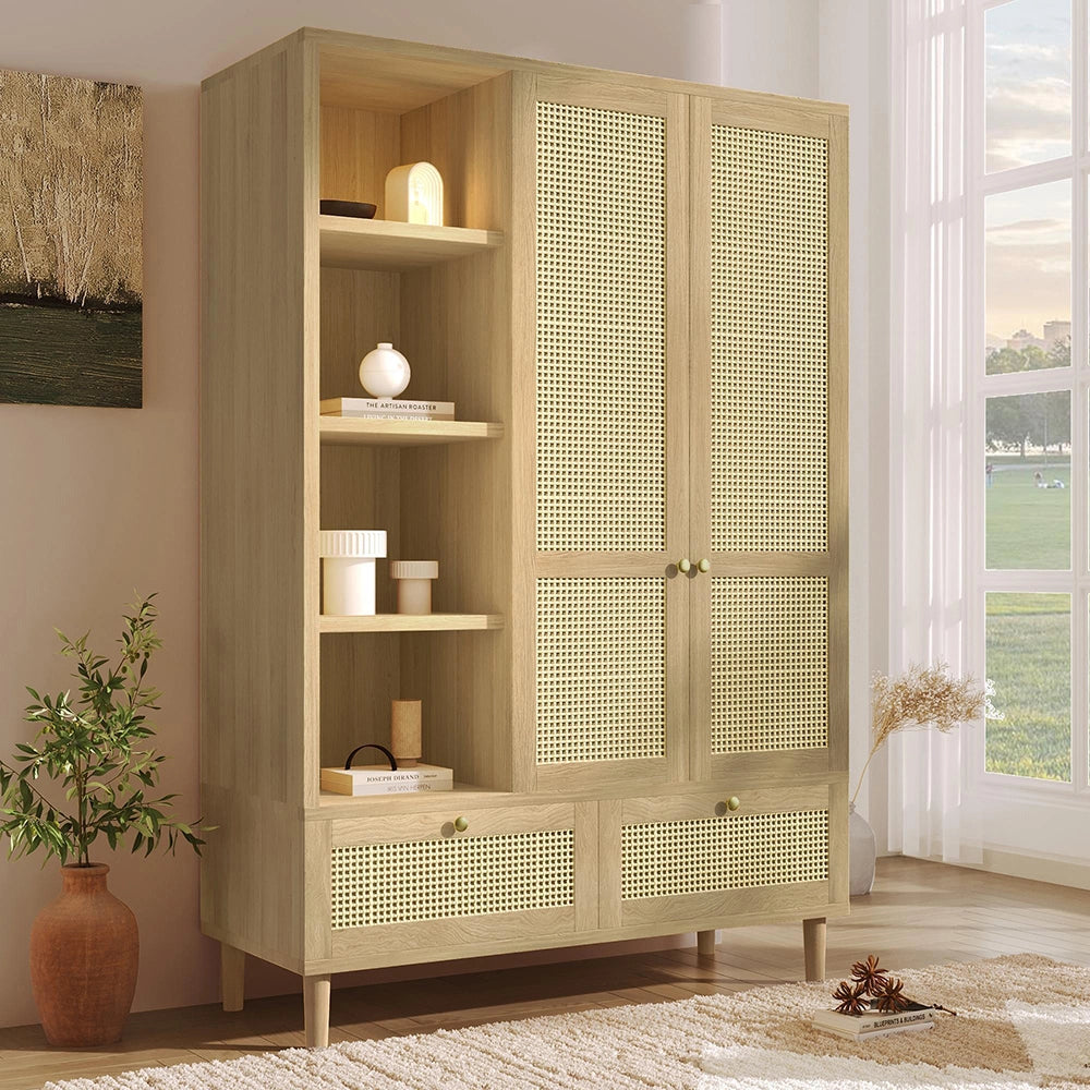 Armadio guardaroba con 2 ante e intreccio in rattan - Xylo - Stile cottage aspetto quercia, 2 cassetti, antiribaltamento, 180x120x50 cm