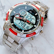 Trade Shop - Orologio Polso Uomo Zcc Analogico Digitale Cronografo Multifunzione Silver Rosso -