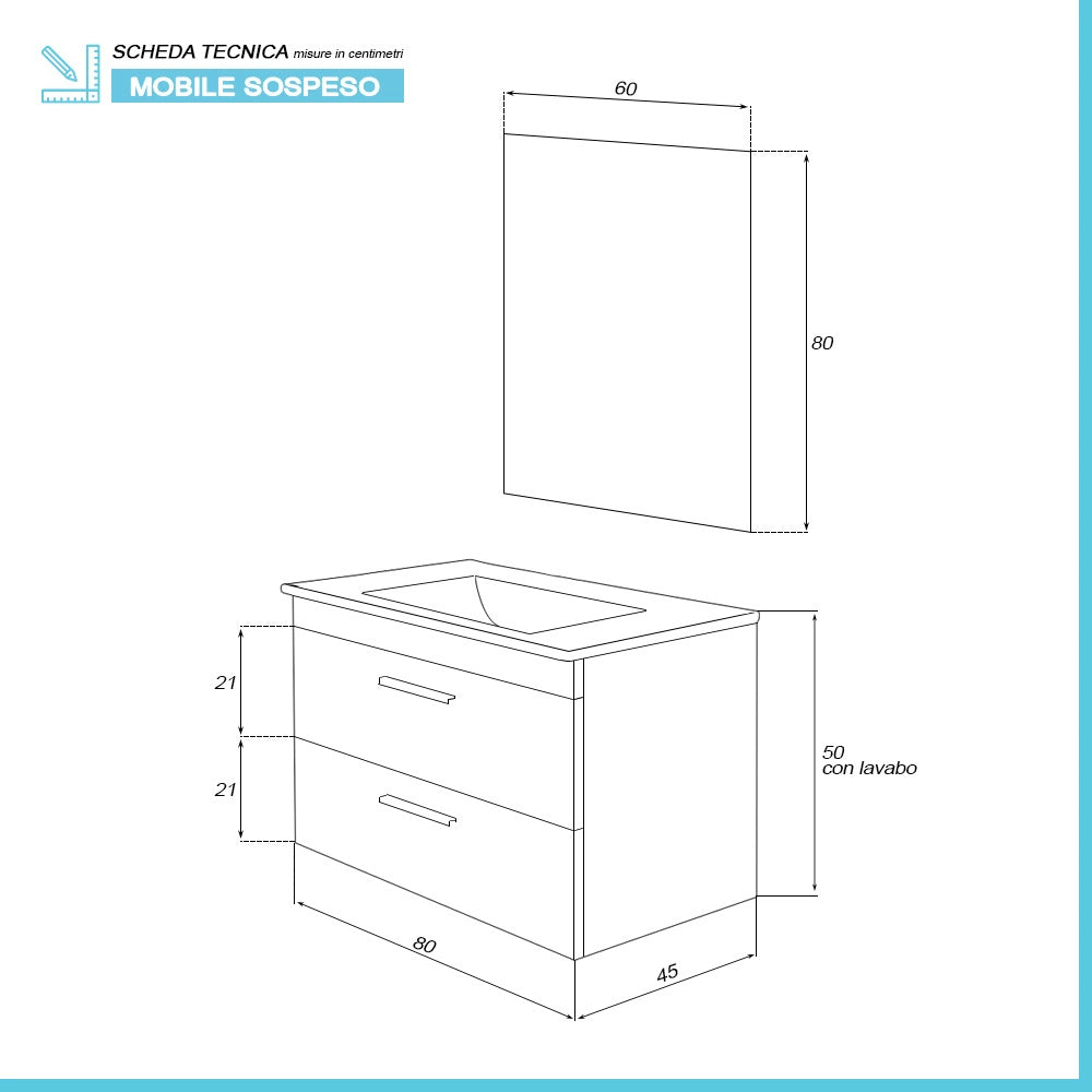 Mobile bagno sospeso 80 cm rovere dolomite con 2 cassettoni soft-close Desya