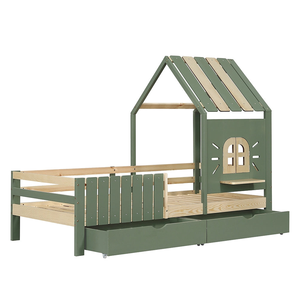 Letto casa-Xylo-90x200 cm-tetto, finestra, 2 cassetti, verde+naturale