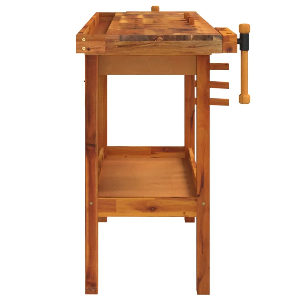 Banco da lavoro con cassetto e morse 124x52x83 cm in legno massello di acacia 153320