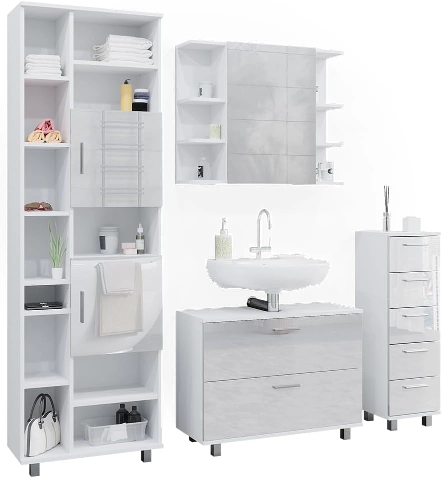 Set di mobili da bagno Ilias, Bianco lucido, 80.2 cm, composto da mobile lavabo, pensile a specchio, colonna e base media