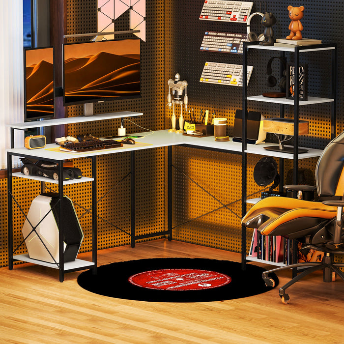 Scrivania Angolare 137x140x139,5 cm Supporto per Monitor Presa Elettrica e USB Bianco e Nero