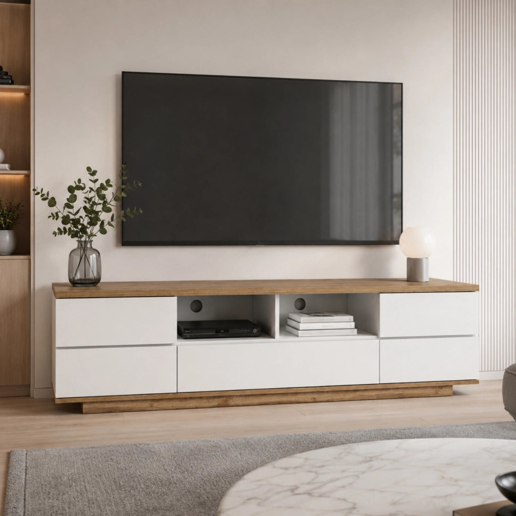 Mobile Tv Moderno Con 4 Ante 1 Anta A Ribalta 2 Vani A Giorno Con Passacavi Per Soggiorno Zona Living Salotto In MDF Resistente 180 x 38 x 46 Cm Bianco E Rovere