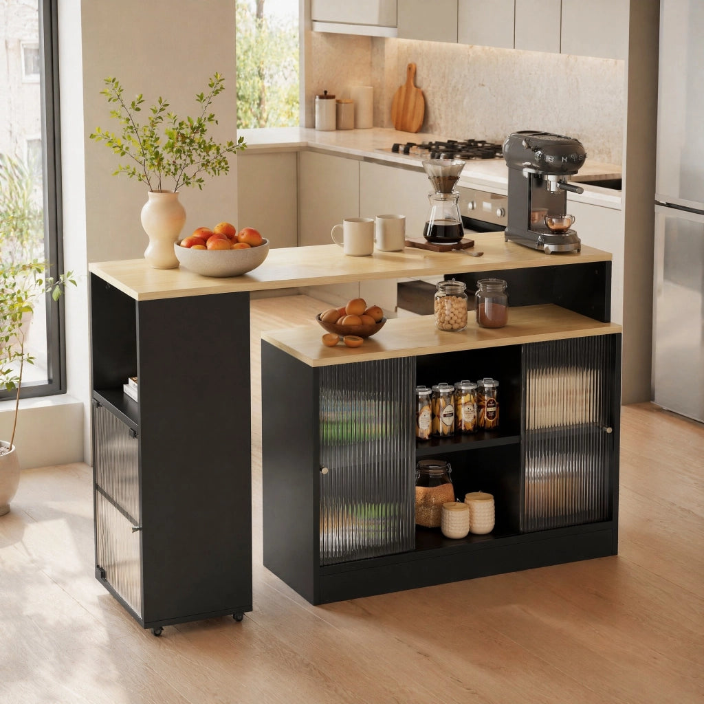 TAVOLO BAR ESTENSIBILE CON CONTENITORE, MDF E VETRO, NERO