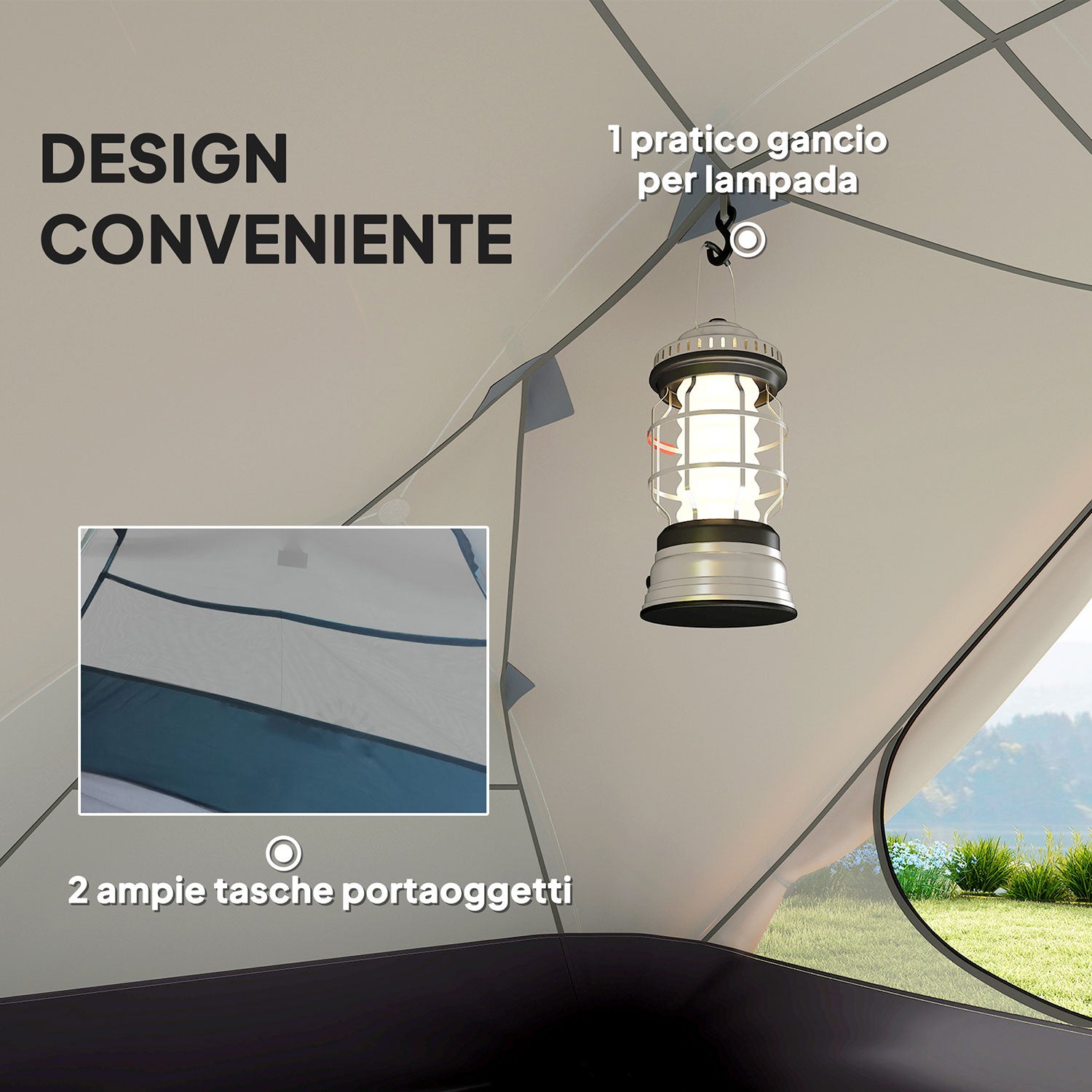 Tenda da Campeggio 2 Posti Impermeabile 280x225x110 cm con 2 Vestiboli e 2 Porte Beige