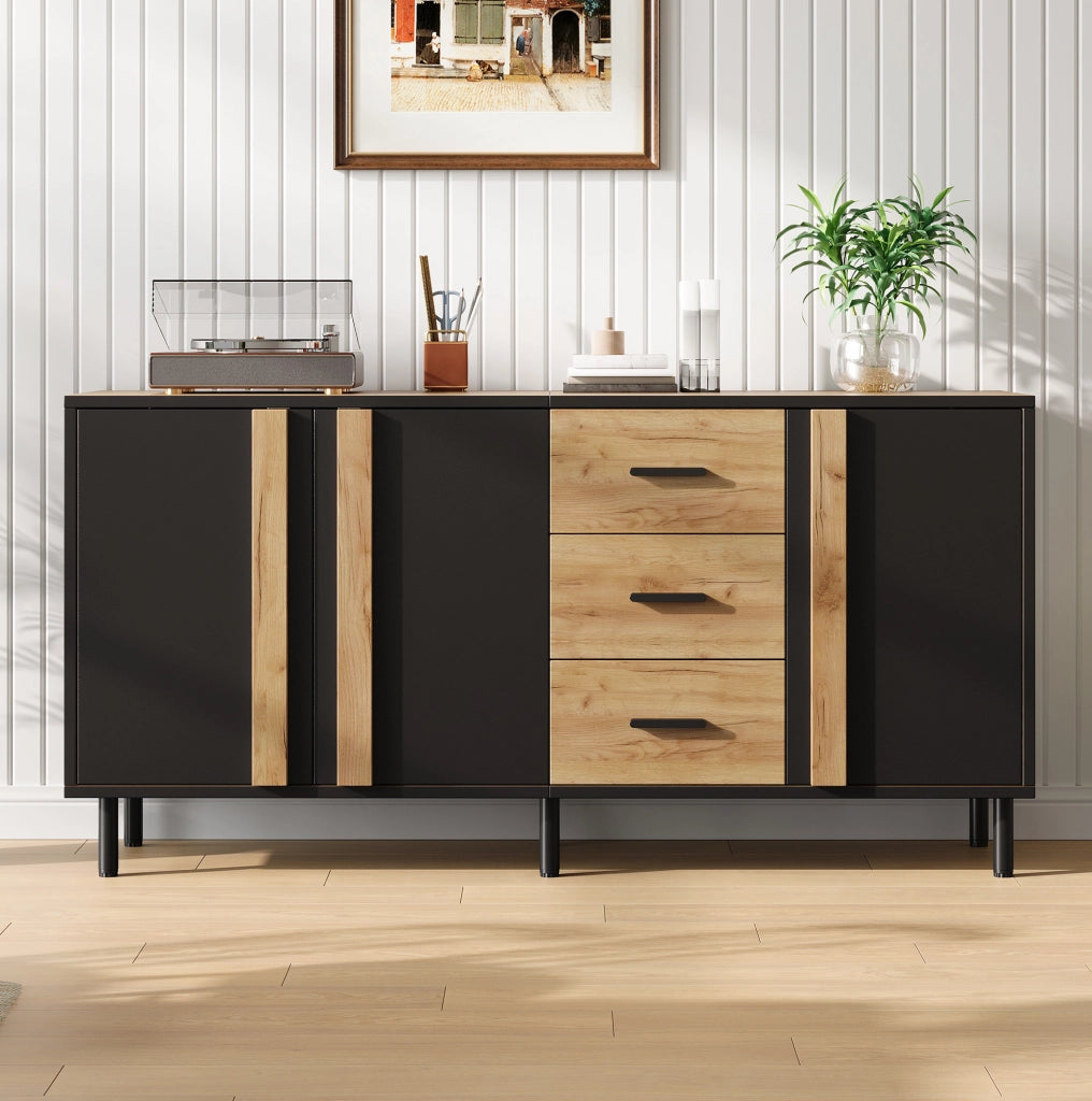 Credenza moderna 140x35x70 cm in MDF con 3 ante e 3 cassetti; nero e legno