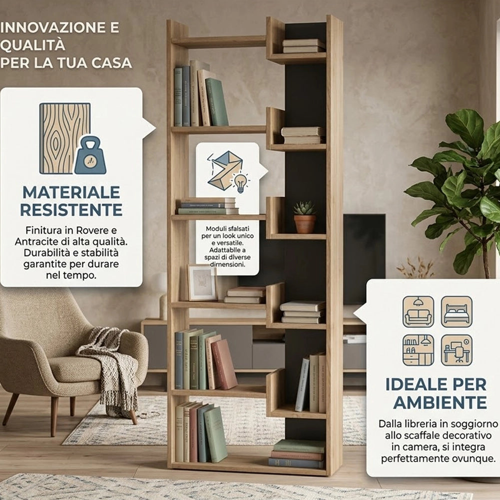 Libreria a 6 Ripiani 60,5x22x162,5 cm Scaffalatura Verticale Moderna Quercia e Antracite