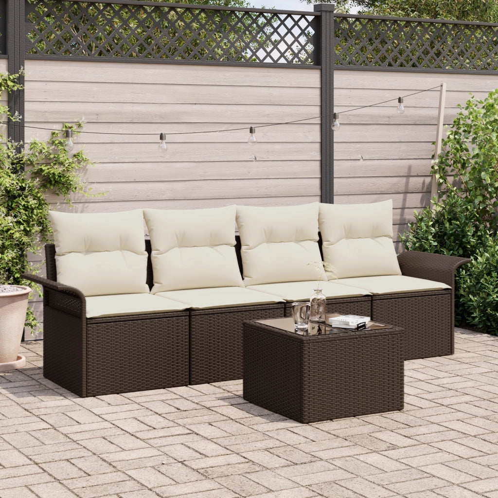 Set di Divani da Giardino 5 Pezzi con Cuscini Marrone Rattan Polimerico