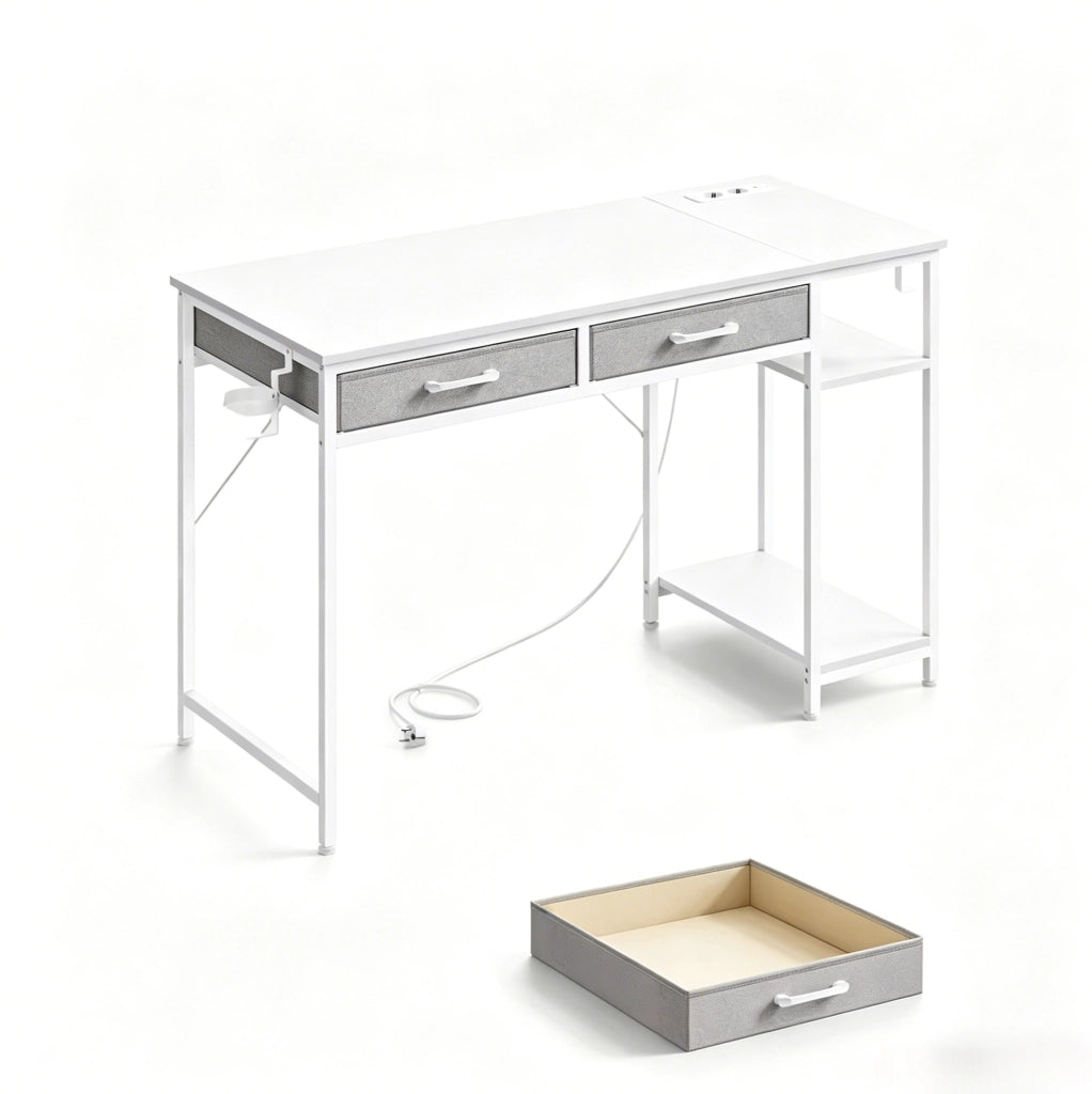 Scrivania ULEVR 120x51x75 cm con 2 cassetti in tessuto, ripiano laterale, prese USB e Type-C, bianca