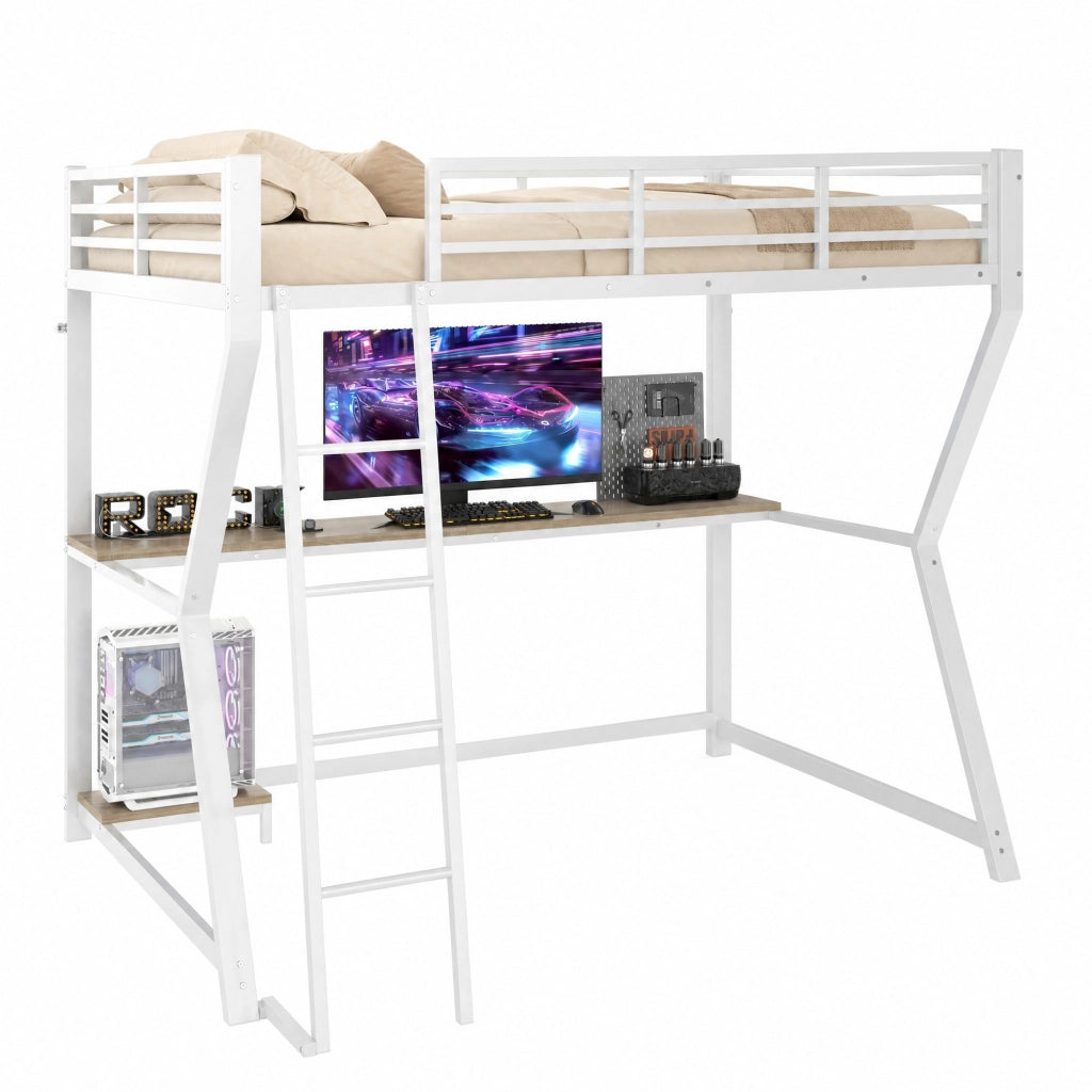 Letto a soppalco 90x200 cm con scrivania, LED, prese USB e scala