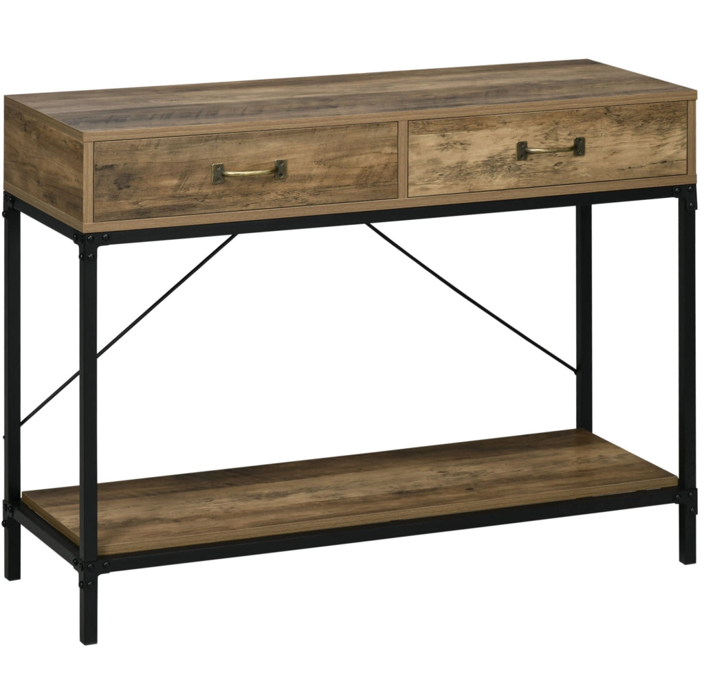 Tavolo consolle industriale con 2 cassetti e ripiano 100x35x76;5 cm marrone nero