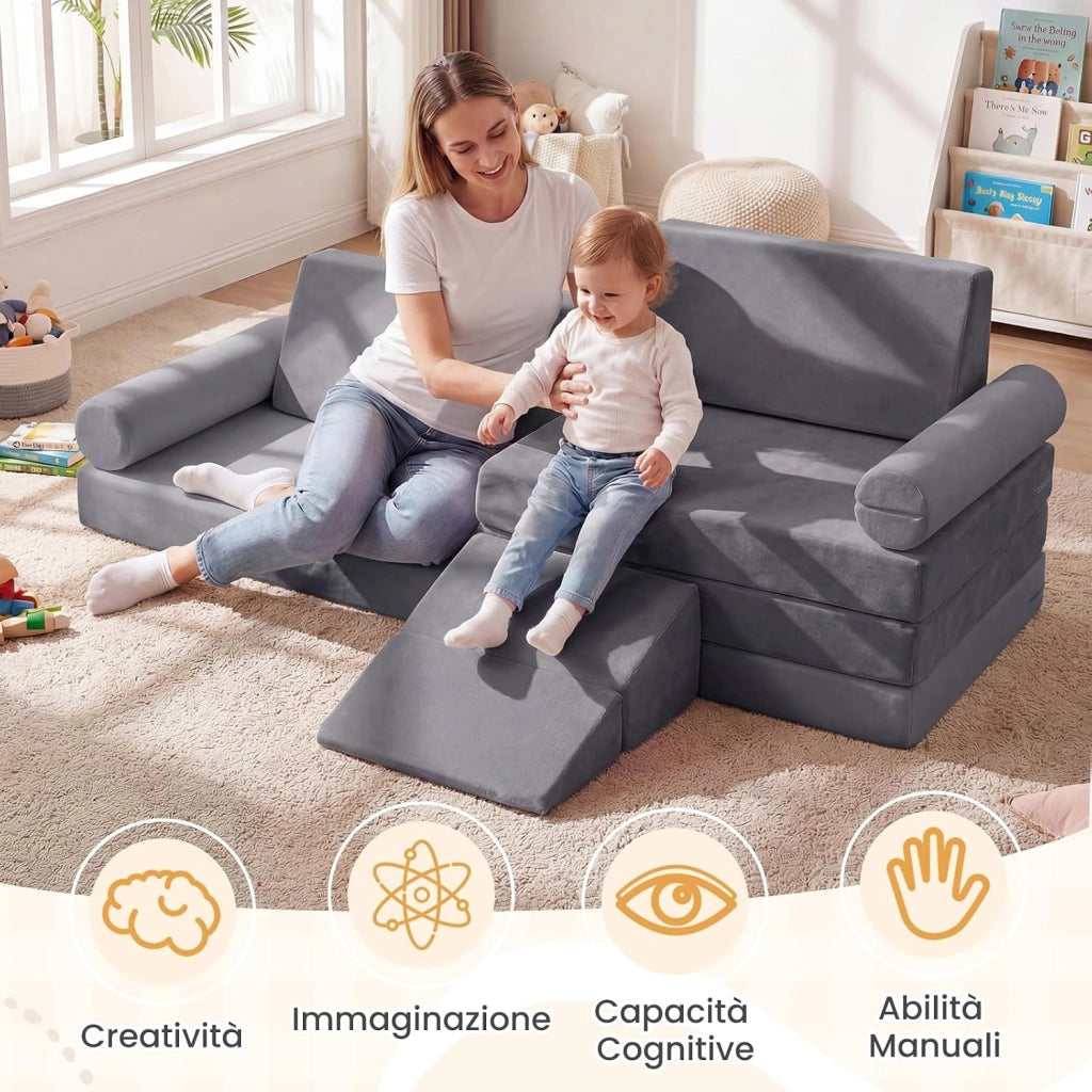 Divano Componibile per Bambini, Divanetto Modurale Sottovuoto 10 Pezzi, per Gioco e Riposo, con Imbottitura in Spugna e Rivestimento in Velluto Cristallo, Fodera Rimovibile e Lavabile (Grigio)