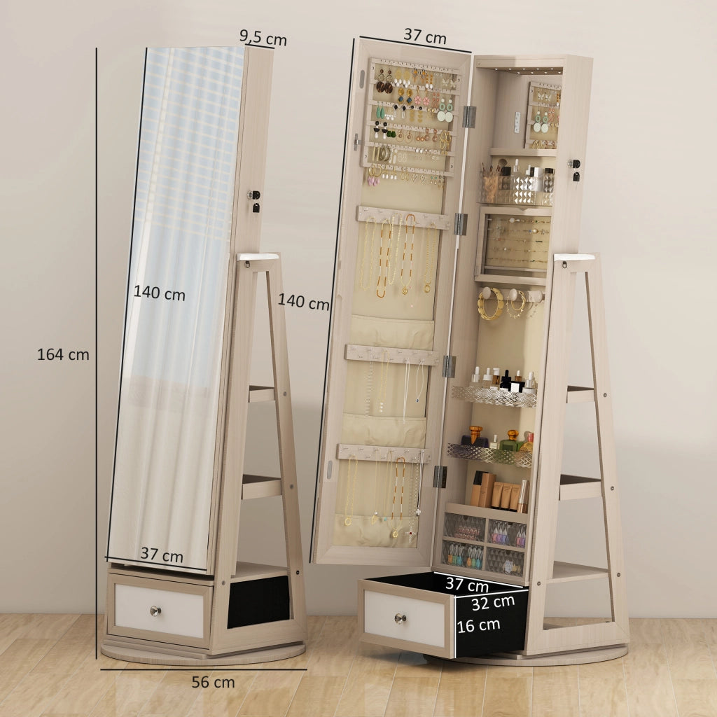 Specchiera Portagioie con LED ¨C Xylo ¨C Rotazione 360¡ã Cassetto con Serratura Naturale
