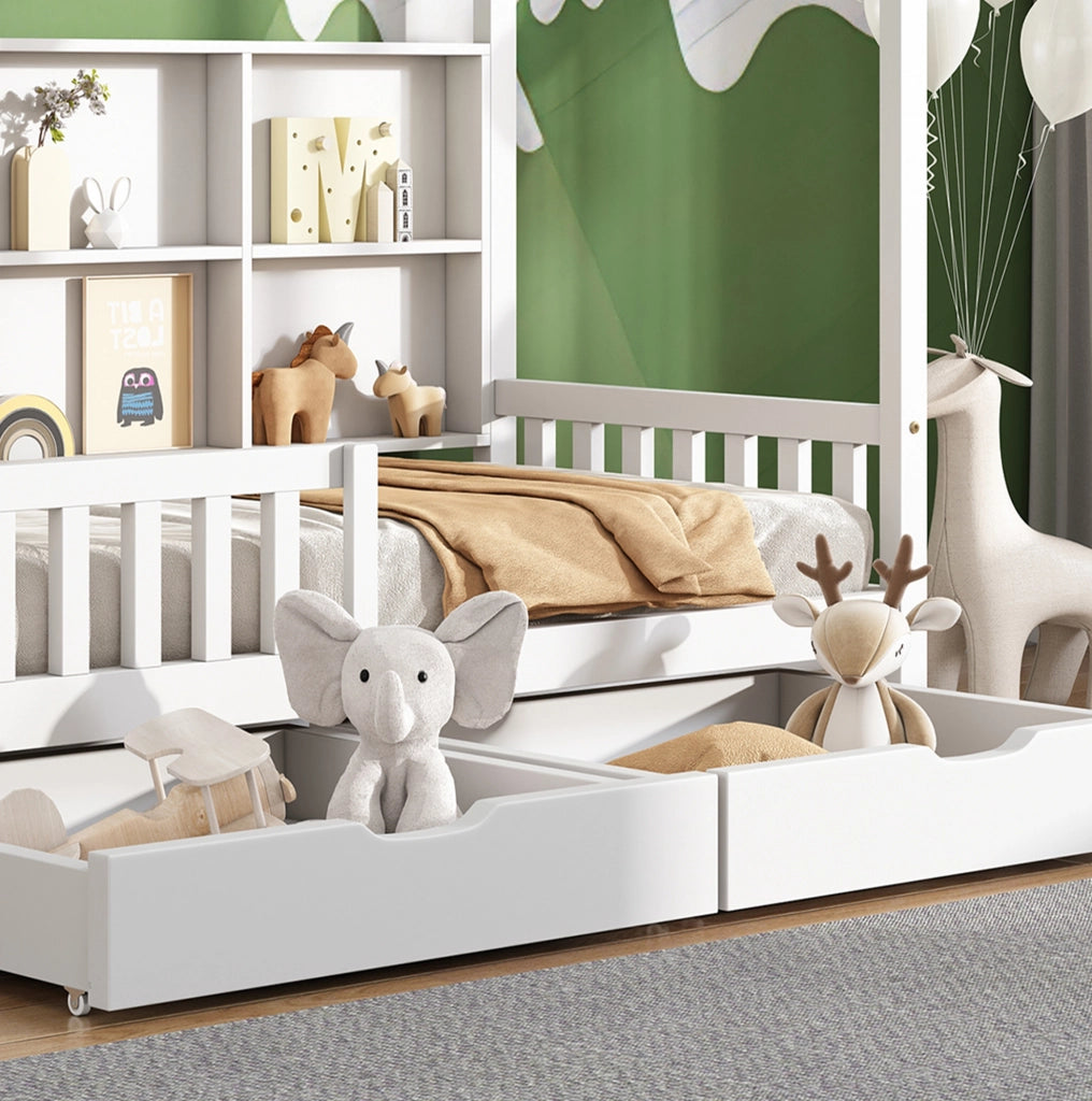 Letto a casetta per bambini 90x200 cm bianco con cassetti