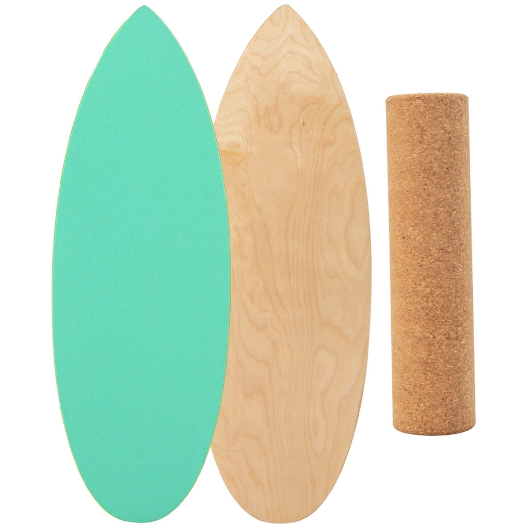 Tavola oscillante realizzata in legno di betulla e sughero, Balance board con rullo e copertura antiscivolo Verde-Barre per flessioni