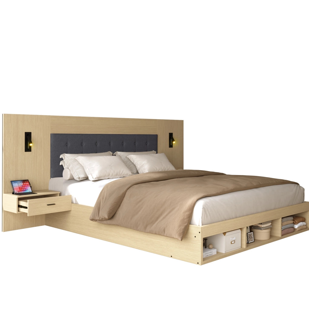 Letto matrimoniale 160x200 cm in MDF rovere chiaro con USB, Type-C, luci e comodini