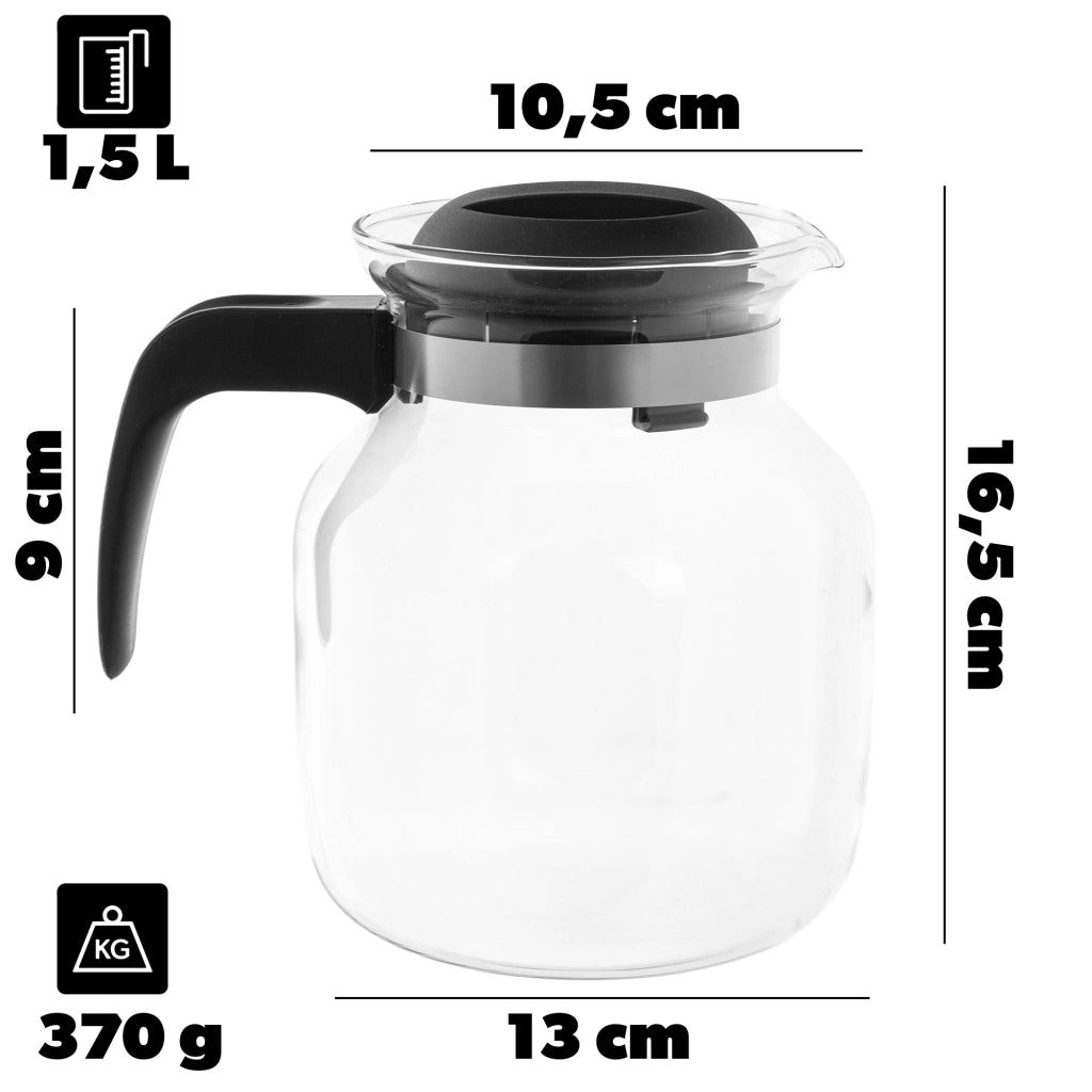 KADAX Brocca in vetro per tè e caffè da 1,5 l, resistente al calore, con coperchio, colore nero.