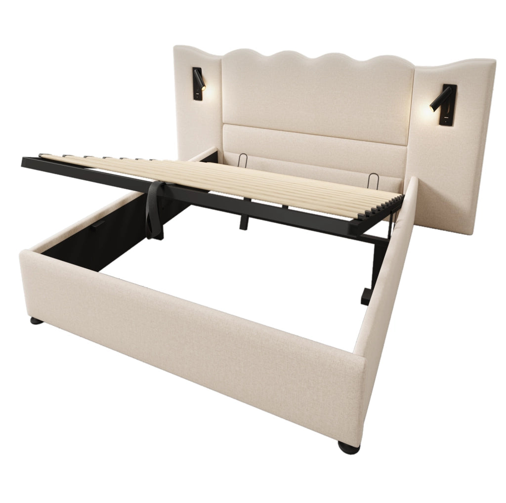 Letto 160x200 cm con luce da lettura e ricarica USB; in lino beige