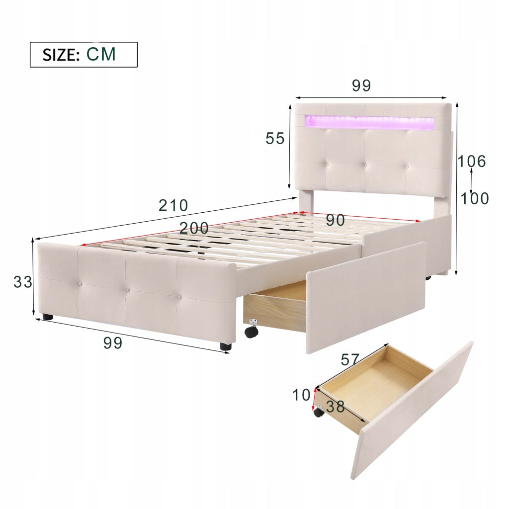 Letto 90x200 LED 2 cassetti beige per bambini - Xylo