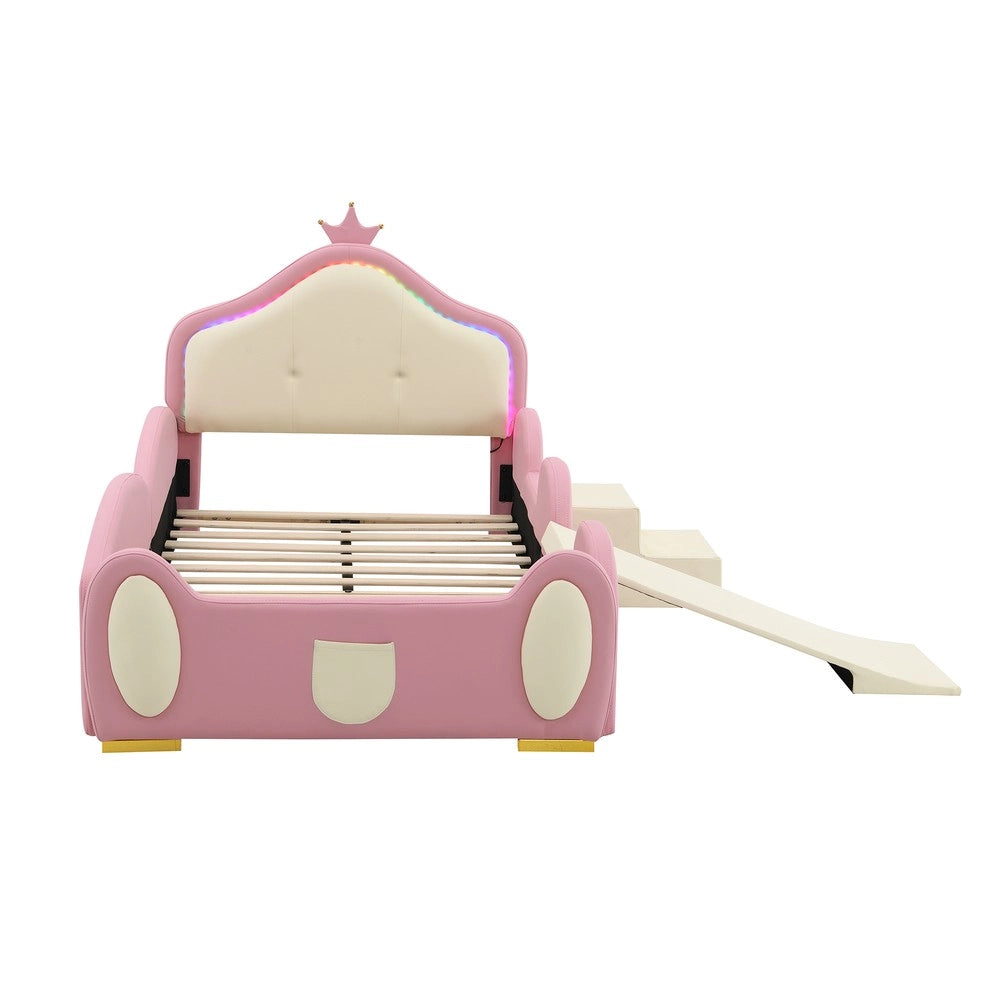 Letto imbottito per bambini con scivolo e LED ¨C Minimal ¨C Rosa e Beige PU 90x200 cm
