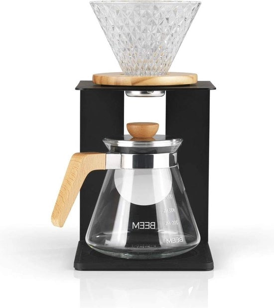 Set di caffè in vetro - 4 tazze | filtro manuale in vetro con finitura diamantata (dimensione 2) - 0,5 L caraffa in vetro con coperchio applicazioni in legno | arte del caffè manuale per un aroma di caffè particolarmente delicato