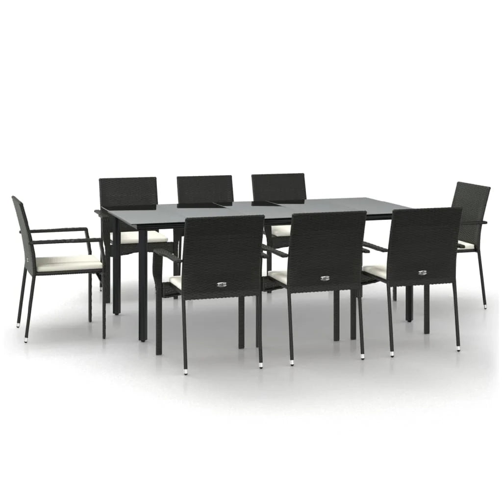 Set da pranzo da giardino da 9 pezzi e cuscini resina intrecciata nera 02_0014840