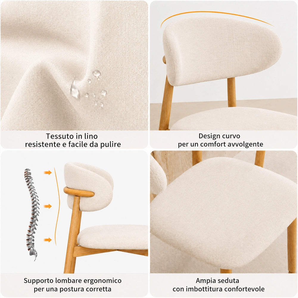 Set 4 Sedie da Pranzo con Gambe in Metallo Effetto Legno e Seduta Tessuto Beige