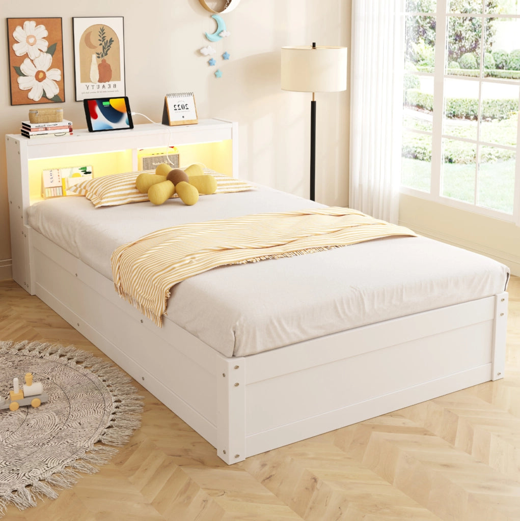 Letto multifunzione 90x200 cm con presa integrata; LED e contenitore salvaspazio; bianco