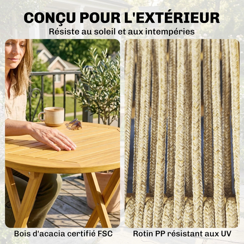 Set Bistro da Giardino 3 Pezzi Tavolo Rotondo 2 Sedie Pieghevoli Legno Acacia Cordage Naturale ¨C Xylo