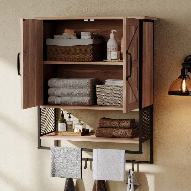Mobiletto da bagno a parete in stile loft rustico con appendiabiti, marrone chiaro