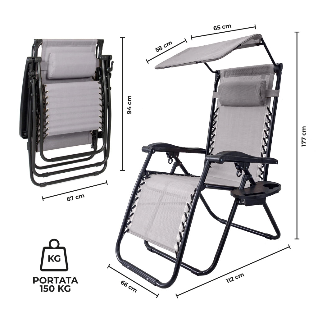 Sedia Sdraio 0 Gravità Pieghevole Professionale con Tettuccio Parasole e Poggiapiedi in Acciaio e Textilene – Reclinabile con Cuscino e Porta Bevande, Ideale per Giardino, Piscina e Campeggio Grigio