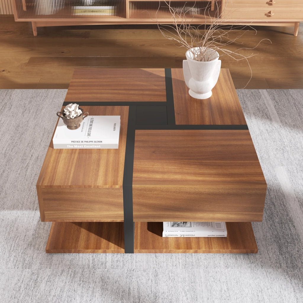Tavolino da Caffè Quadrato con 4 Cassetti e Ripiano Inferiore; Motivo a Linee; Stile Moderno; in Pannelli di Particelle; Naturale; 78×78×36 cm