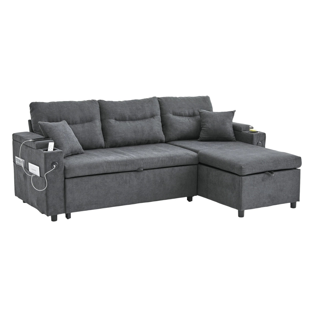 Divano letto 212.5x136x86 cm con chaise longue idraulica e letto estraibile in lino grigio scuro