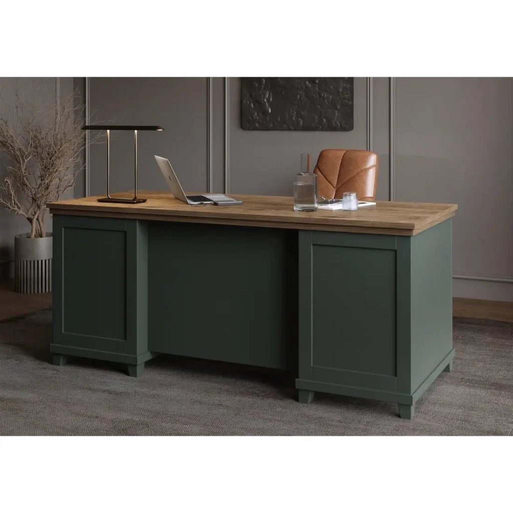 Scrivania ASSIA 180 cm verde scuro e legno - Cassetti, nicchie e vano di archiviazione - Eleganza senza tempo