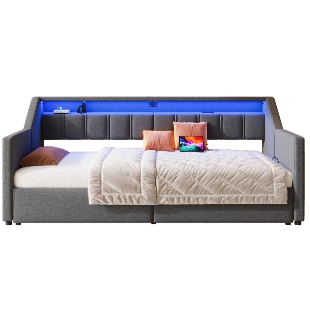 Letto estraibile 90x200 cm grigio in lino con LED, USB e 2 cassetti, senza materasso