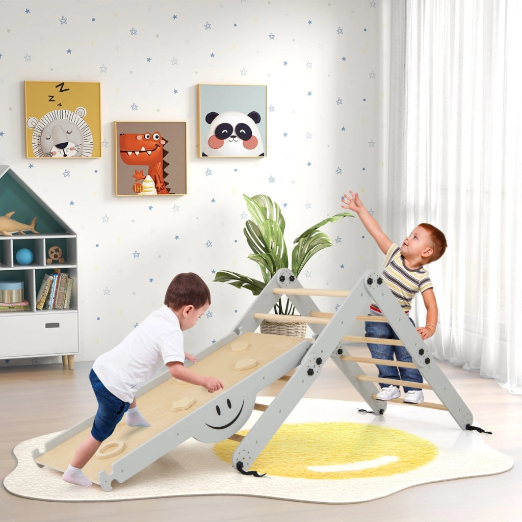 Set da arrampicata montessori per bambini, Giochi da arrampicata pieghevoli in legno con rampe regolabili Grigio-Arrampicate e scivoli