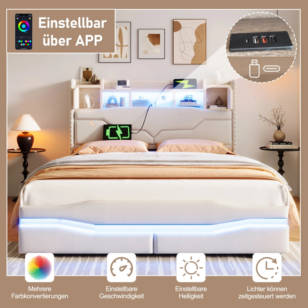 Letto Contenitore Letto Matrimoniale 140x200 cm con USB; Type-C; LED e vano testiera - Beige