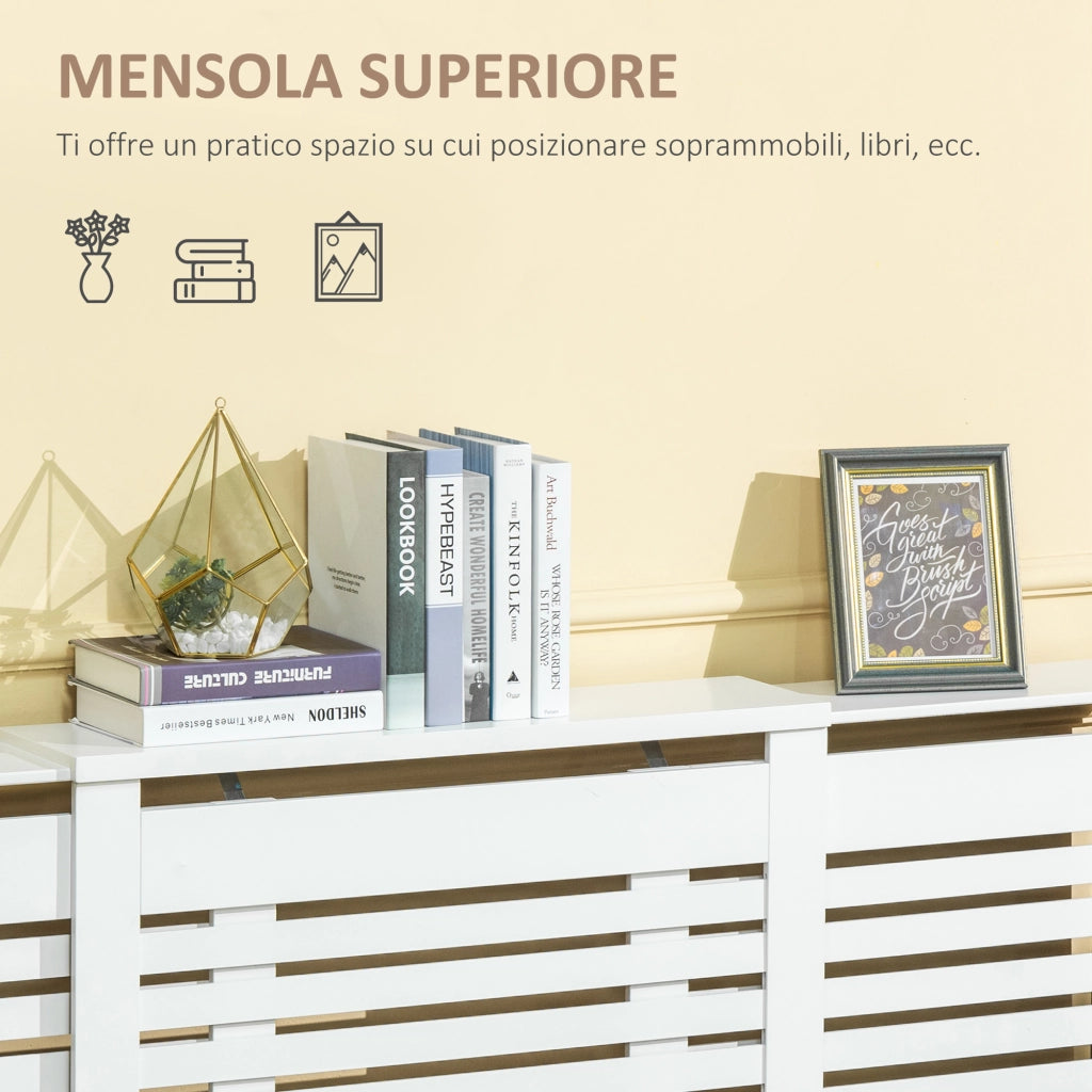 Easycomfort Mobile Copricalorifero Larghezza Regolabile e Mensola Superiore in MDF e Legno, 140-202x19x82.5cm, Bianco