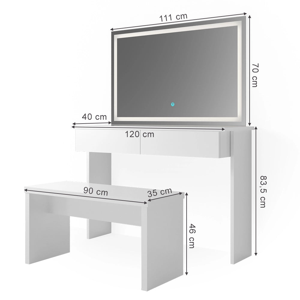 Vicco Tavolo da toeletta Bianco 120 cm con specchio LED e panca