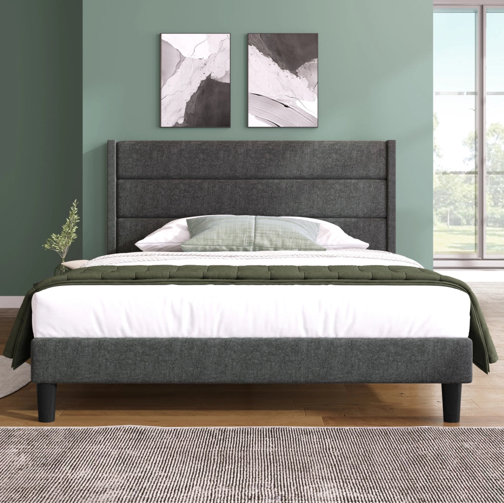 Letto imbottito 140x200 cm in lino grigio con testiera e rete a doghe
