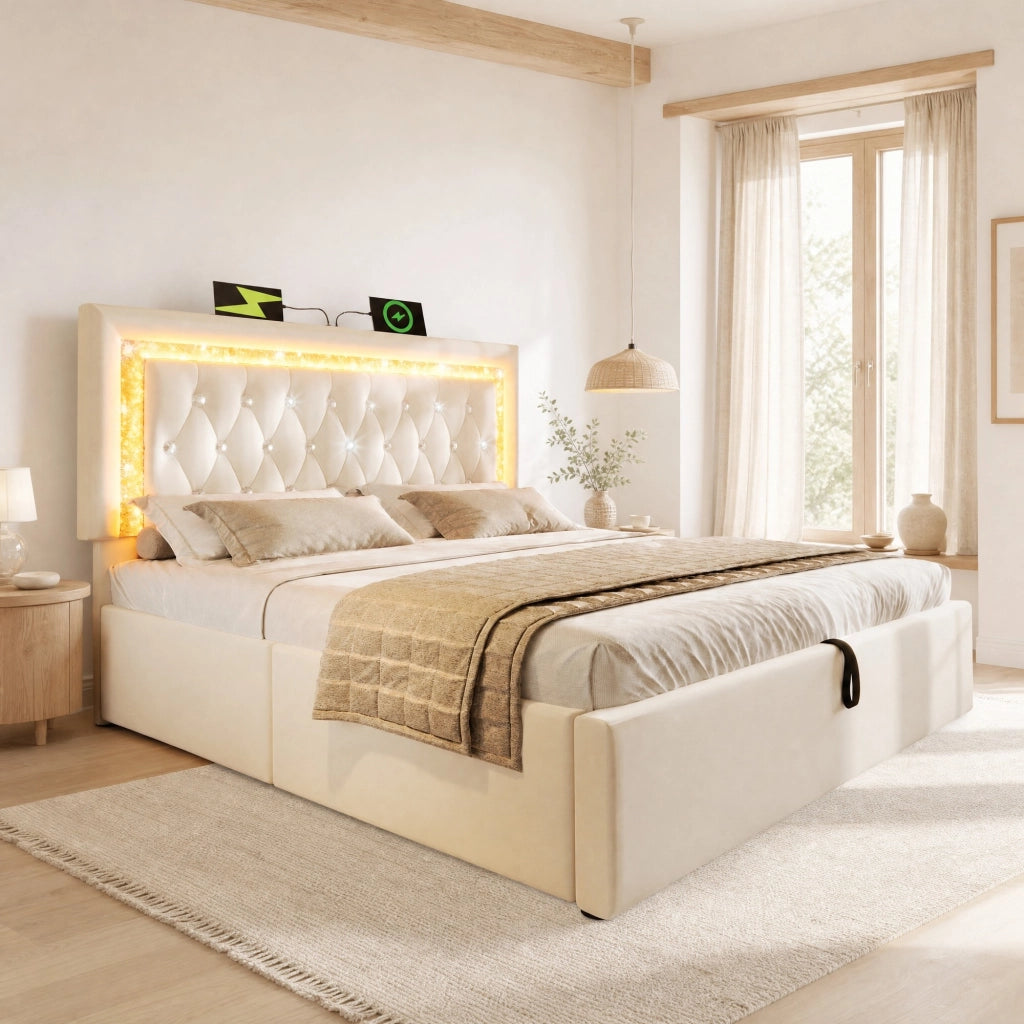 Letto matrimoniale 140x200 cm in velluto con LED, USB e contenitore idraulico, beige