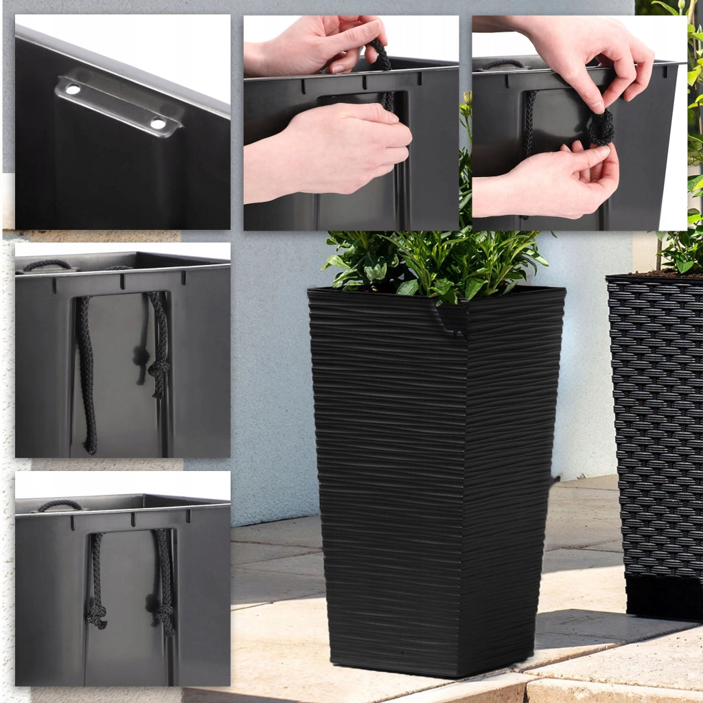 Vaso da fiori KADAX con inserto e coperchio, fioriera alta da giardino, nera, 39x75 cm