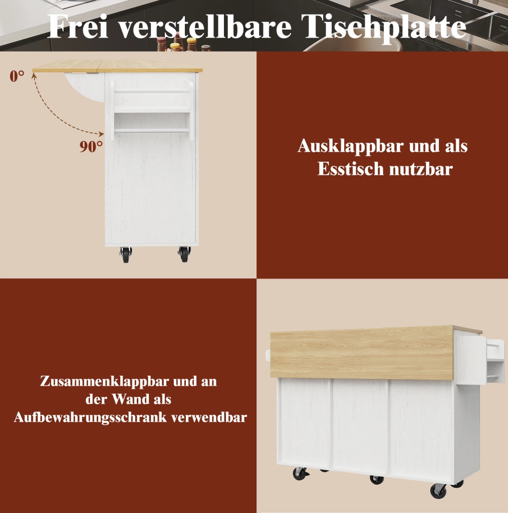 Isola cucina pieghevole con ruote, 110 cm, bianca
