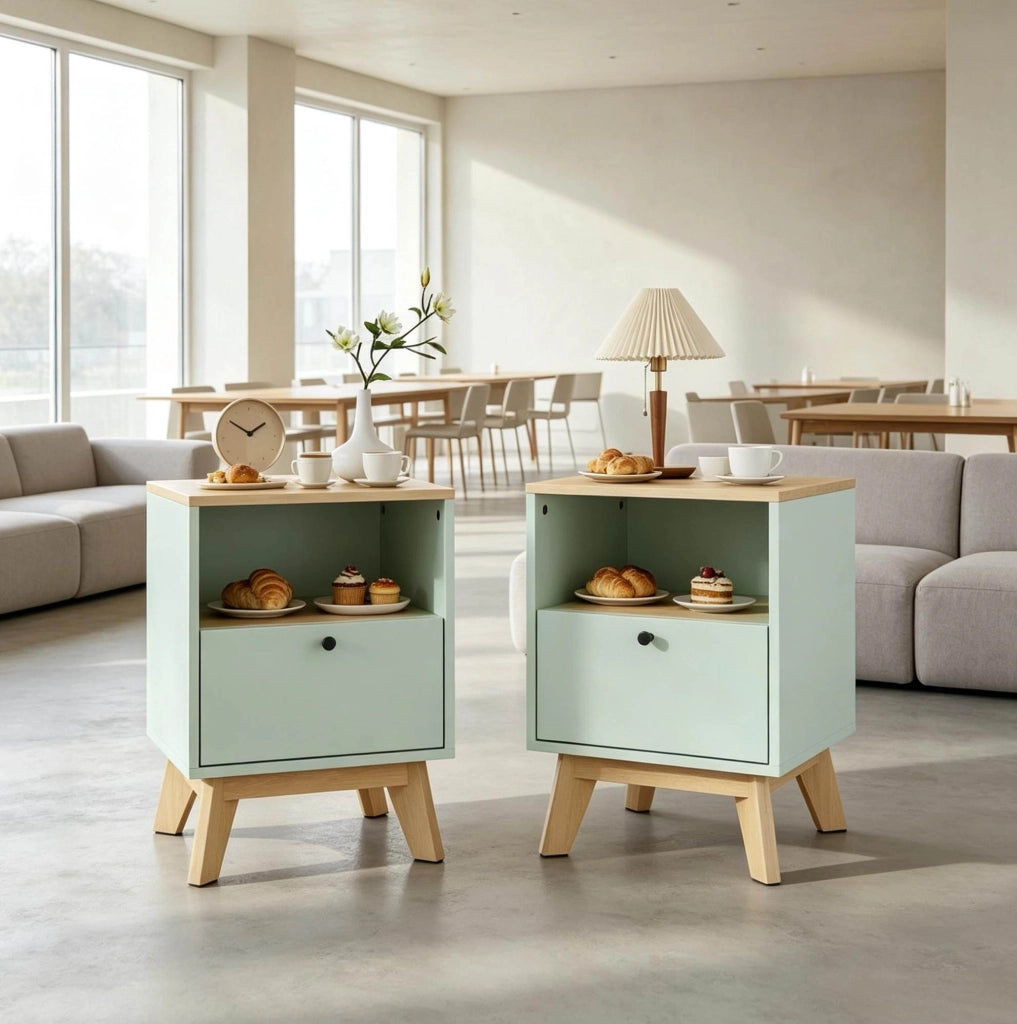 Set di 2 comodini verde chiaro effetto rovere con cassetto e vano aperto