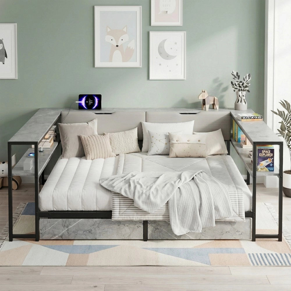 Letto Singolo Imbottito con 2 Cassetti e Rete a Doghe in Metallo ¨C Xylo ¨C 90x200, Grigio Cemento