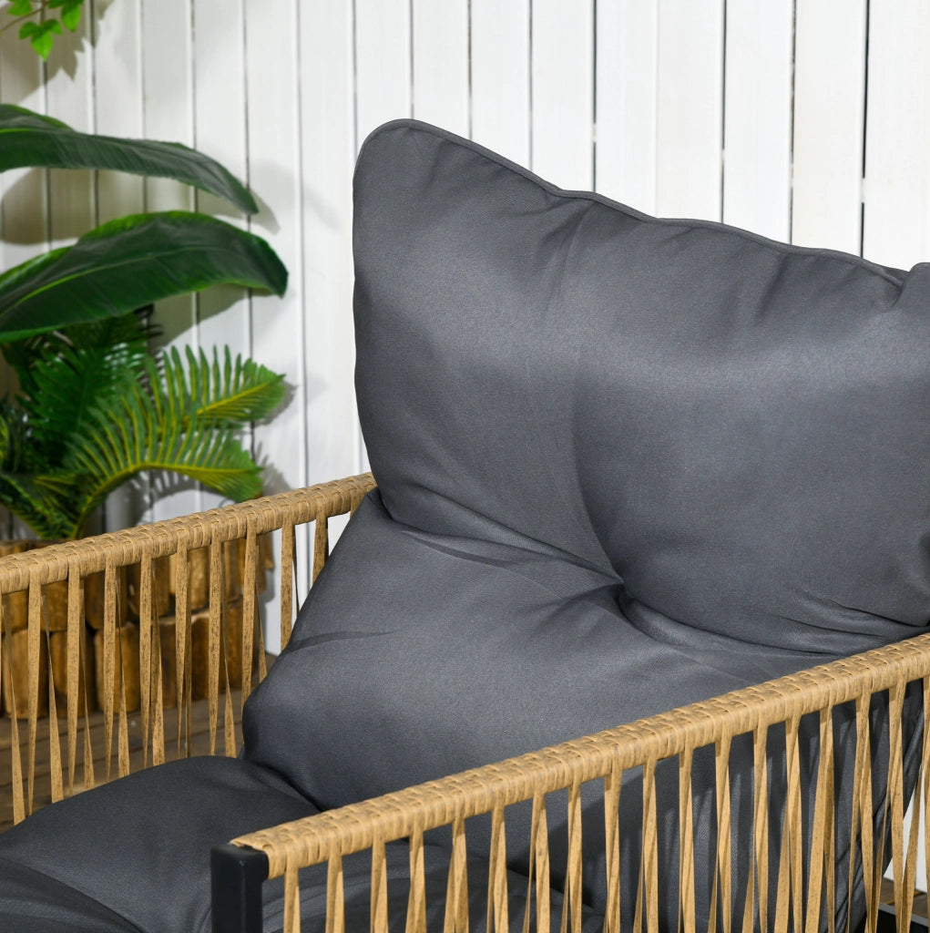 Salotto da giardino 4 pezzi in polyrattan con cuscini; tavolino in vetro; grigio scuro